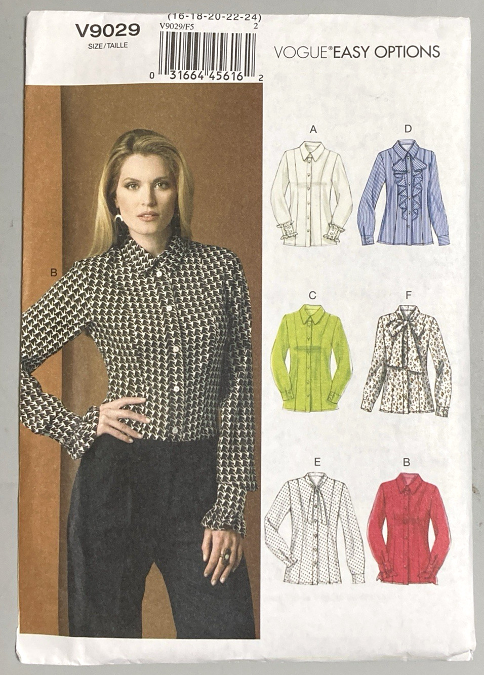 Vogue 9029 Pattern Misses Front Buttoned Blouse Easy Options 16-24 UNCUT